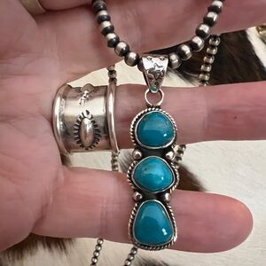 ❤️ 3 Stone Kingman Turquoise Sterling 925 Navajo Style Statement Pendant 1.90”L